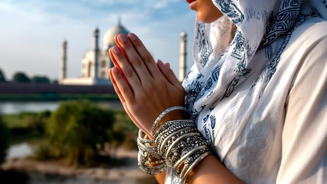 Muslim woman in hijab stands outside mosque with palms together, offering sincere prayer at sunny noon