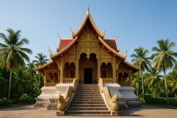 Ornate Golden Temple Surrounded By Lush Palm Trees Under Clear Blue Sky In Tropical Setting