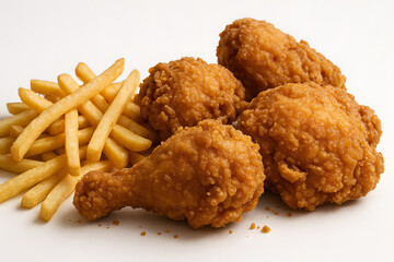 A plate of four fried chicken pieces and a side of french fries