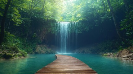Lush forest waterfall cascading into a turquoise pool, a wooden path leading to the tranquil scene