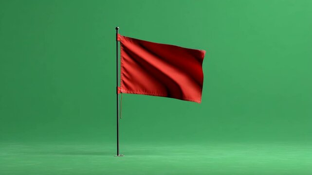 Realistic waving red flag isolated on green chromakey background for alerts or warning animations