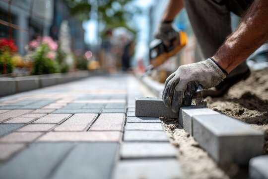 Close up of worker installing interlocking concrete paving stones in a city street, carefully laying blocks on sand and preparing new pedestrian walkway.