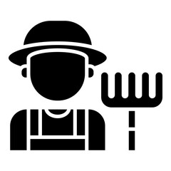 Farmer, gardener with hat and rake glyph solid icon