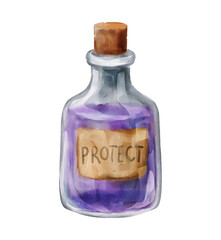 Watercolor illustration of a glass potion bottle with cork stopper and label “PROTECT”, filled with violet magical liquid. Isolated on a white background. Suitable for Halloween sticker sets