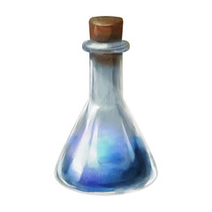 Watercolor illustration of a glass potion flask with cork stopper, filled with glowing magical liquid, isolated on a white background. For Halloween sticker sets, fantasy kits, and spell elements.