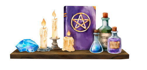 Magical watercolor shelf with burning candles, potion bottles, blue crystal, and a purple spell book with a pentagram