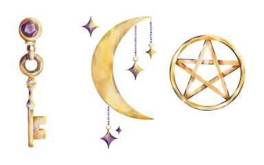 Mystical watercolor set with a golden vintage key, crescent moon with hanging stars, and a pentagram in a circle. Great for magic themes, witchcraft, and spiritual design on white background.