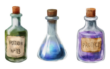 watercolor potion bottles: a green vial labeled 