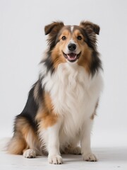 A Shetland sheepdog sitting, happy expression, white background, full-body shot, professional photography style, studio lighting