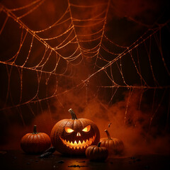 AI generated image of orange smoke and spiderwebs and evil pumpkin faces. Halloween background