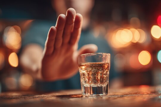 A person refusing a shot of alcohol with a raised hand gesture in a bar setting, signaling abstinence and promoting a healthy lifestyle choice against alcohol abuse. - Powered by Adobe