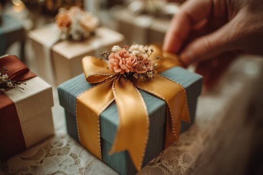 Close-up shot capturing the elegant and delicate arrangement of a present, showcasing a ribbon-tied gift box with a tiny floral decoration, on an ornate lace tablecloth. - Powered by Adobe
