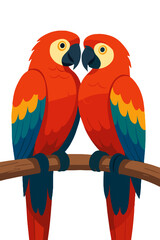 Two colorful parrots with loving mood sitting together on a branch on white background