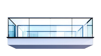Boxy glass balcony; white base, dark frames