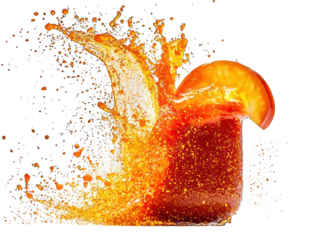 Bright drink splashing with fruit slice, on black