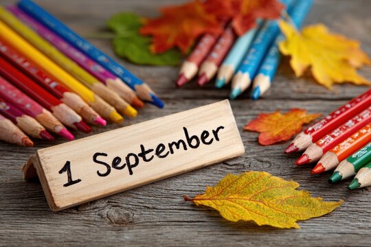 Back to school concept with colorful pencils, leaves, and a wooden block marking September 1st on a rustic wooden surface with beautiful color gradients.