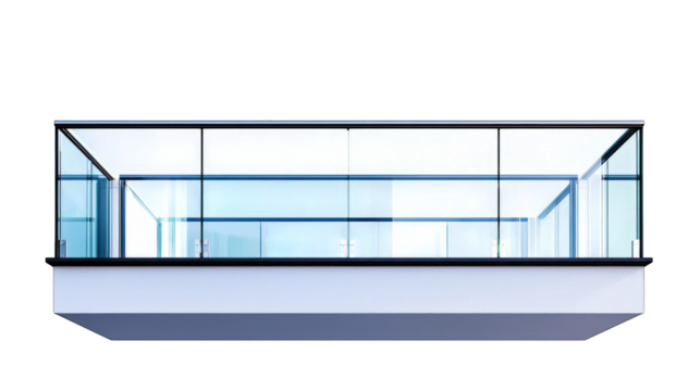 Boxy glass balcony; white base, dark frames