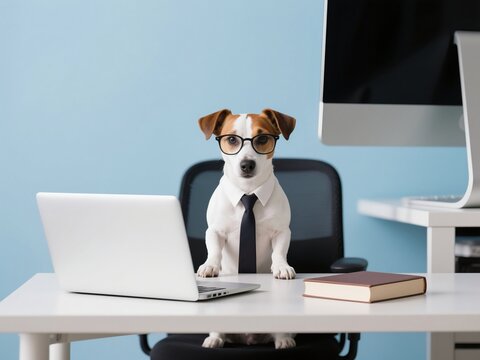 A cute Jack Russell terrier dog sitting at an office desk, wearing glasses and working on the computer.