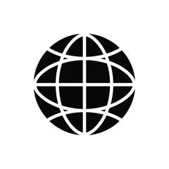 Simple black and white graphic of a globe, showing world connections.