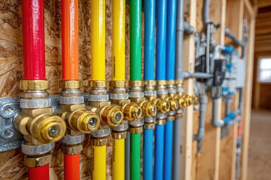 Colorful PEX plumbing manifold in a newly constructed house with wood framing, showing a modern residential plumbing system with vibrant color coding.