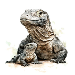 watercolor vector of A Mother Komodo Dragon With Her Kid, high quality, isolated on a white background.