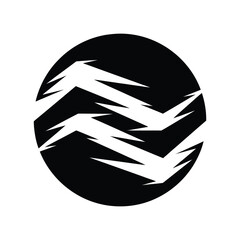 Abstract black and white circular logo featuring stylized, jagged wave patterns.