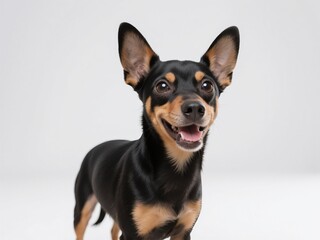 A cute black and brown miniature pinscher dog standing on a white background, with a happy facial expression.