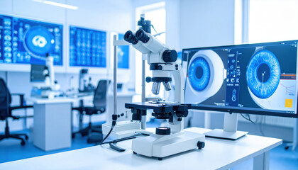 Fototapeta premium Modern ophthalmology lab featuring advanced equipment, including microscope and high resolution monitors displaying detailed eye images. space is bright and equipped for precise eye examinations