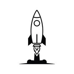 A stylized black rocket launching upwards, flames billowing beneath.