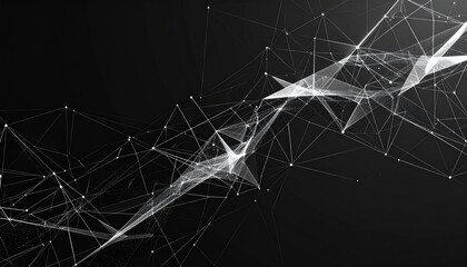 Sleek black background adorned with futuristic network of low poly wireframe structures, creating high fidelity visual experience that evokes sense of innovation and technology
