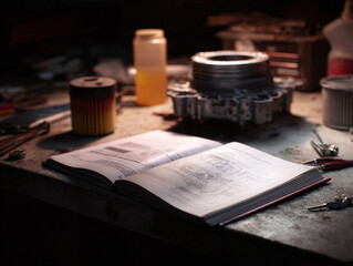 Detailed schematic diagram in open book on a workbench with parts and tools. Concept of repair, engineering, or instruction. Good for tutorials or DIY projects.