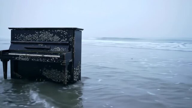 Old barnacle covered black piano abandoned on a misty beach with ocean waves lapping