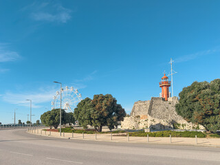 Santa Catarina Fort in Figueira da Foz, Portugal. Old Santa Catarina fortress and lighthouse sign in Figueira da Foz Portugal