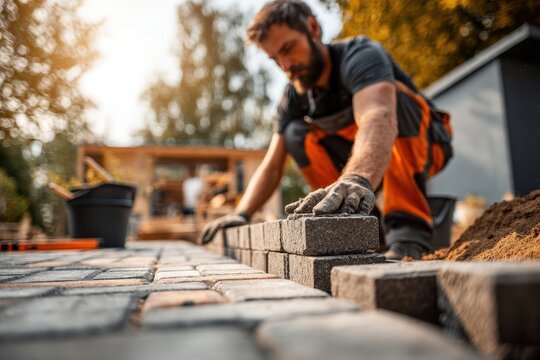 Man laying paving stones for a new patio in a backyard, wearing gloves and work clothes, concentrating on the precise arrangement, creating a beautiful outdoor space.