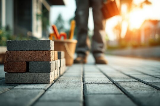 Close-up of stacked paving stones on a freshly laid patio, worker in the background with tools ready to set next pavers, building, construction, do it yourself.