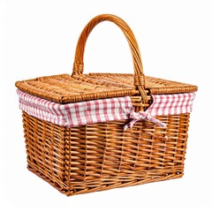Brown Wicker Picnic Basket with Red Gingham Liner