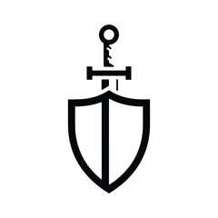 A minimalist black and white illustration featuring a sword piercing a shield.