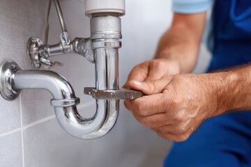 Close-up of a plumber using a wrench to tighten or repair a chrome sink drain pipe, highlighting the plumbing work and maintenance in a bathroom setting.
