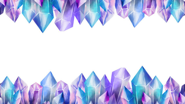 Seamless top and bottom border with vibrant watercolor crystals in blue, purple and pink tones. Ideal for mystical designs, scrapbooking, invitations, packaging and fantasy decorations.