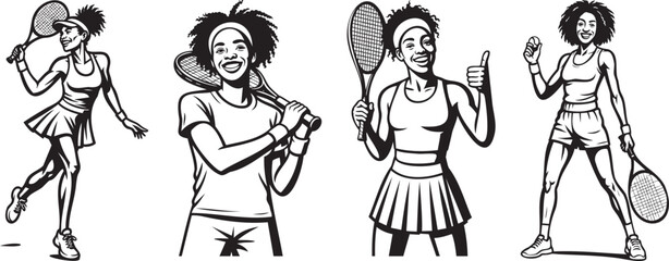 Diverse women tennis athletes celebrating, holding rackets and trophies, great for empowerment graphics, sports branding, training visuals, and energetic design resources