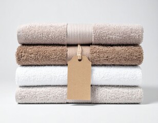 Stack of Rolled Beige Brown and White Bath Towels with Blank Tag