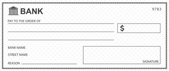 Bank check, vector blank money cheque, checkbook template with guilloche pattern and fields. Currency payment coupon, money check background