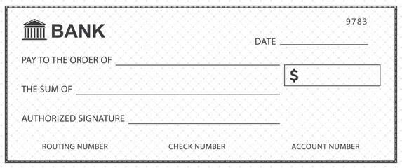 Bank check, vector blank money cheque, checkbook template with guilloche pattern and fields. Currency payment coupon, money check background