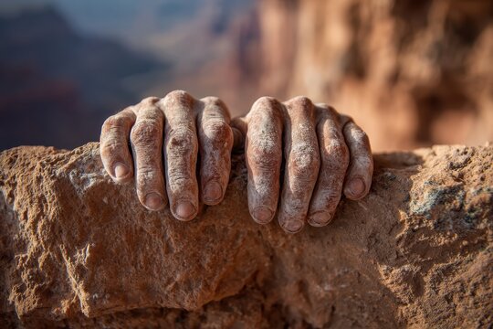 Close-up of a climber's hands gripping a rock face, showcasing strength and determination in a challenging outdoor adventure, highlighting the grit and texture of skin.