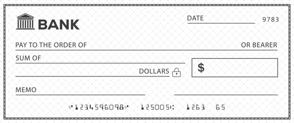 Bank check, vector blank money cheque, checkbook template with guilloche pattern and fields. Currency payment coupon, money check background