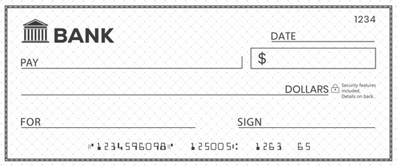 Bank check, vector blank money cheque, checkbook template with guilloche pattern and fields. Currency payment coupon, money check background