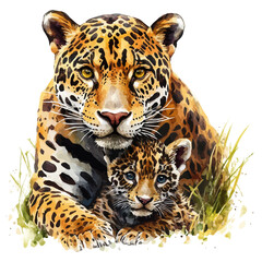 A Mother Jaguar With Her Kid, watercolor clipart vector, high quality, isolated on a white background. © AMIDCO