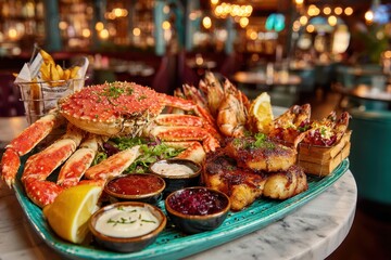 A lavish seafood platter featuring crab, prawns, and scallops served with dipping sauces, presented beautifully in a restaurant setting with warm, inviting lighting and ambiance.