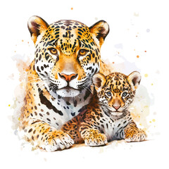 watercolor vector of A Mother Jaguar With Her Kid, high quality, isolated on a white background.