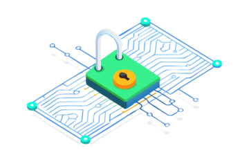3D Render Digital Security Padlock on Circuit Board